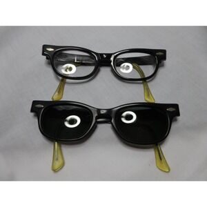 Vtg 1950s‎ Aluminum HORN RIMMED Matching Eyelasses & Sunglasses Glass Lenses USA